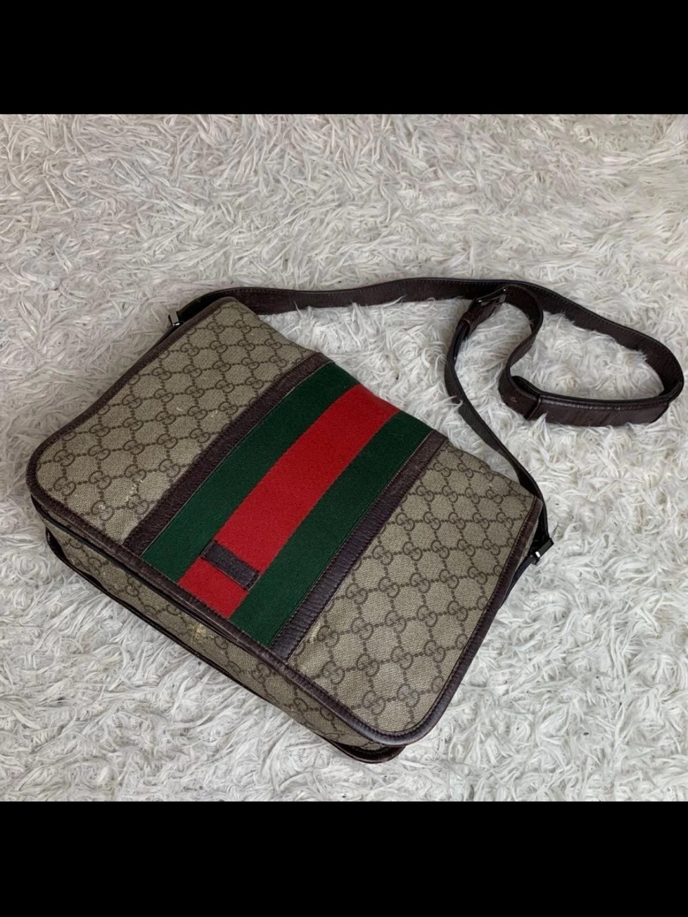 Gucci Brown Monogram Messenger Bag with Red & Green Center Stripe